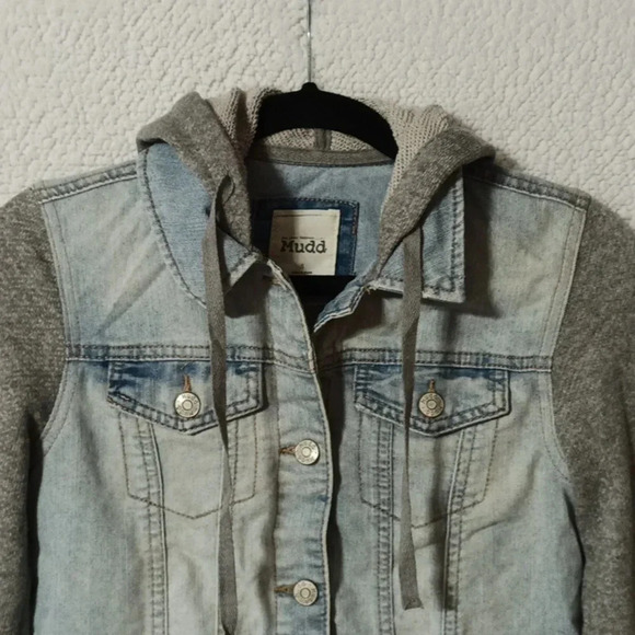Mudd Size Small Hooded Jean Jacket with Knit Sleeves Button Up with Pockets - Picture 2 of 9